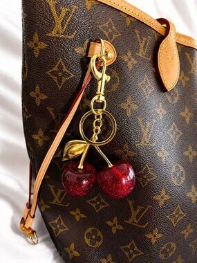 Sparkly Cherry Bag Charm Keychain Gold Tone Red Glitter Fruit Purse Charm